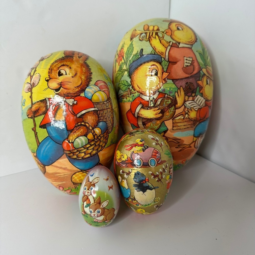 4‎ Vintage Nesting Easter Eggs Western Germany Paper Mache Tin Candy Bunny Ducks